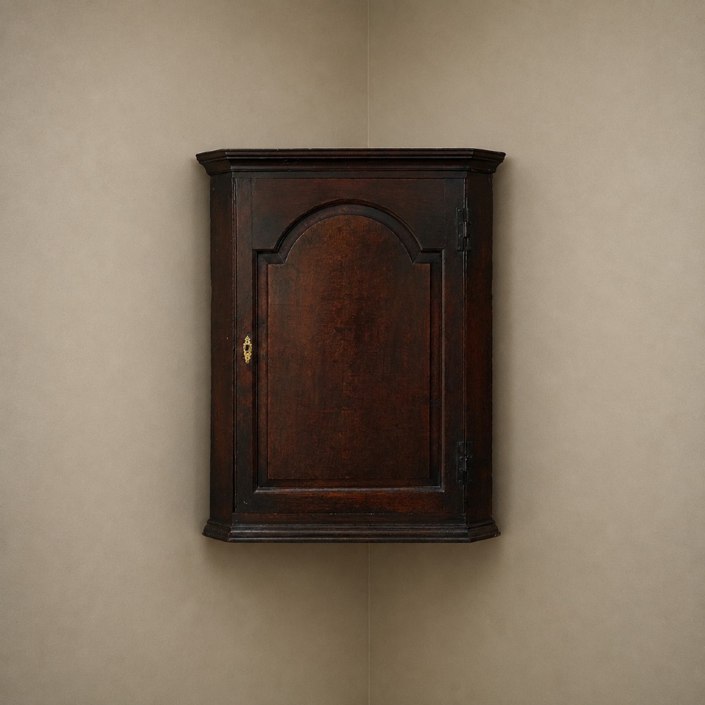 A dark oak George III wall-hanging corner cupboard featuring an arched fielded panel door, moulded cornice, and brass escutcheon.