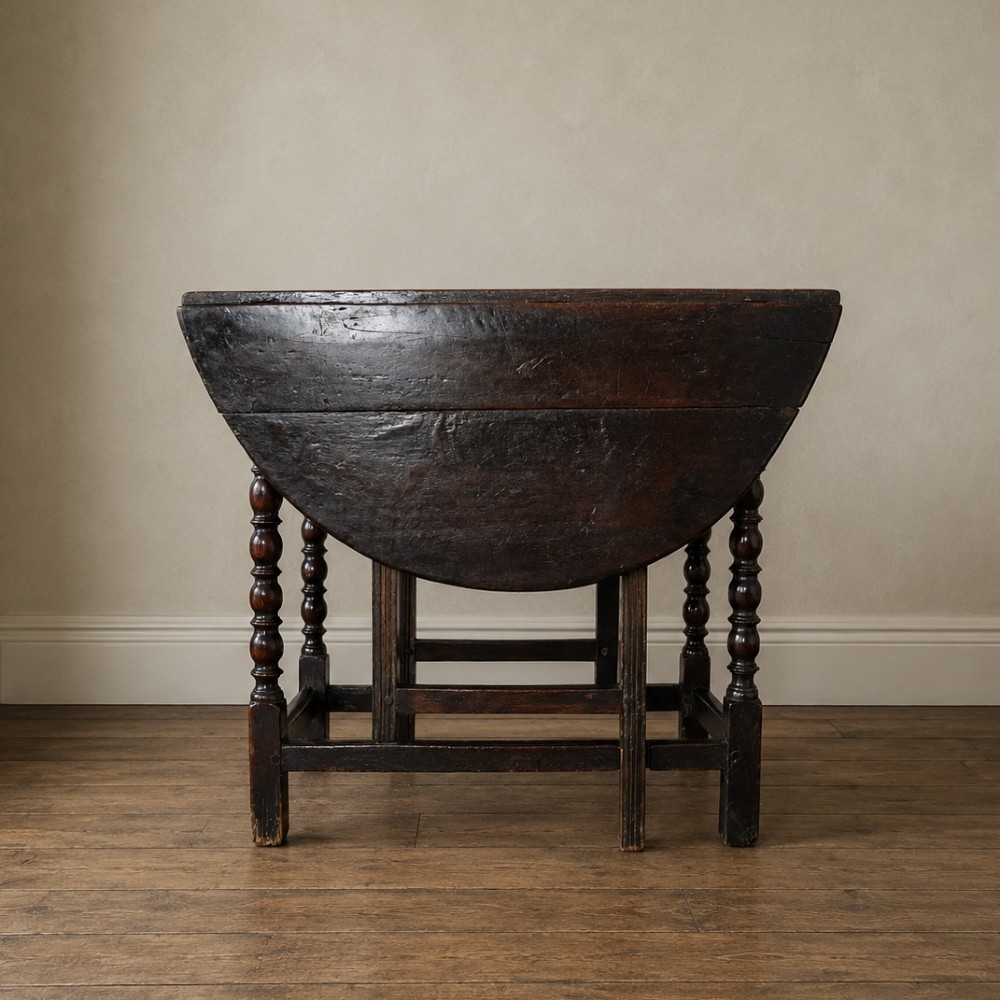 A dark brown antique oak gateleg drop-leaf table with turned legs and an oval top.