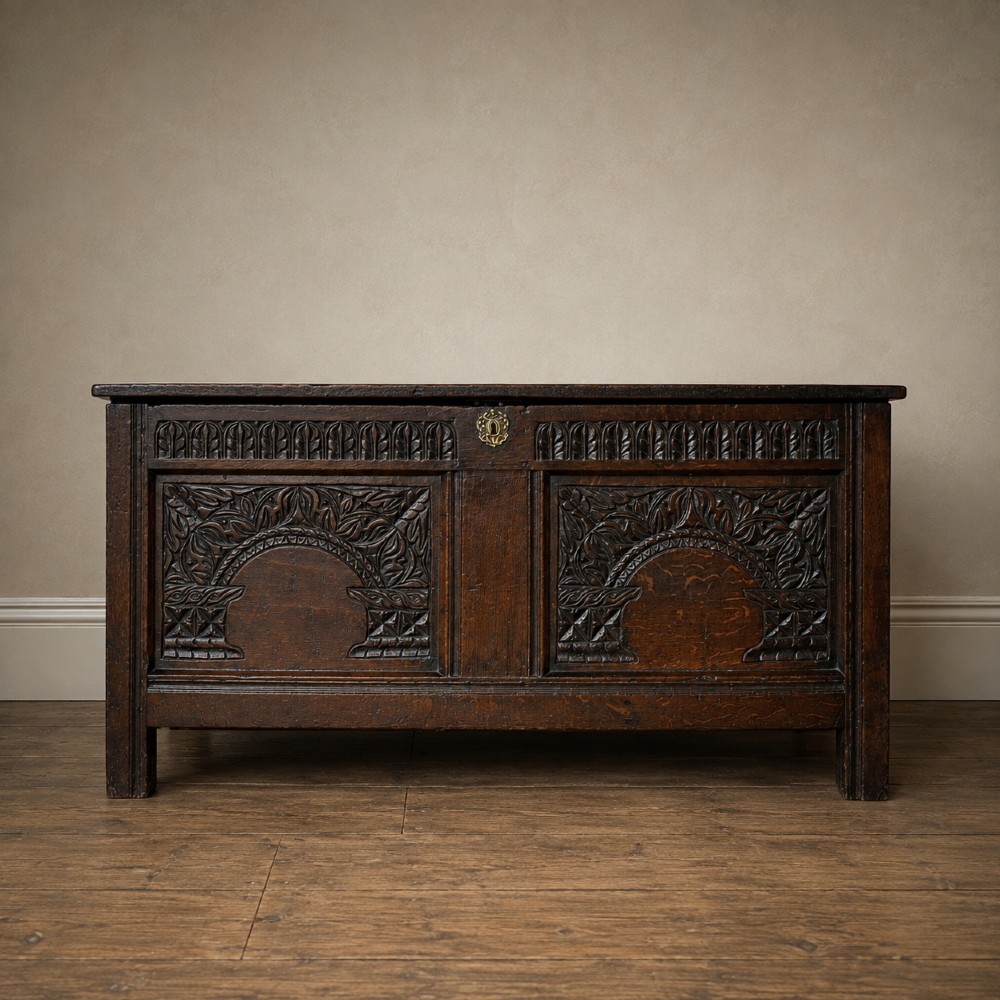 A 17th-century joined oak coffer featuring carved arch front panels, a carved top frieze, hinged lid, and brass keyhole escutcheon.