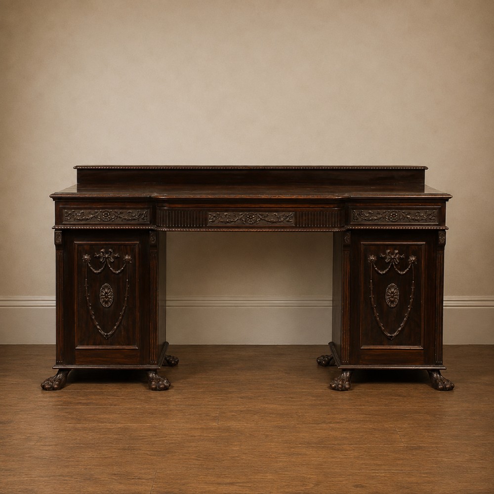 Large Edwardian Adam Revival Mahogany Breakfront Sideboard Paw Feet