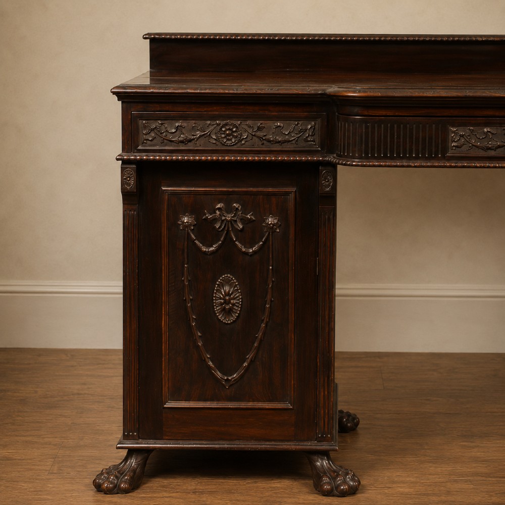An Edwardian Adam Revival dark mahogany breakfront sideboard featuring carved floral swags, oval paterae, a low gallery back, and carved paw feet. View II