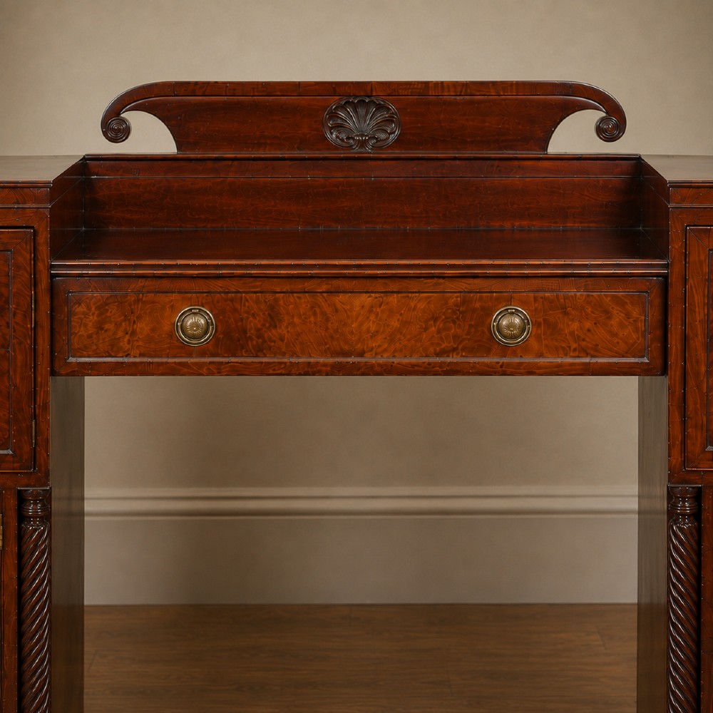 A Regency figured mahogany pedestal sideboard with spiral-turned columns, brass drop handles, and a central carved splashback. View VI