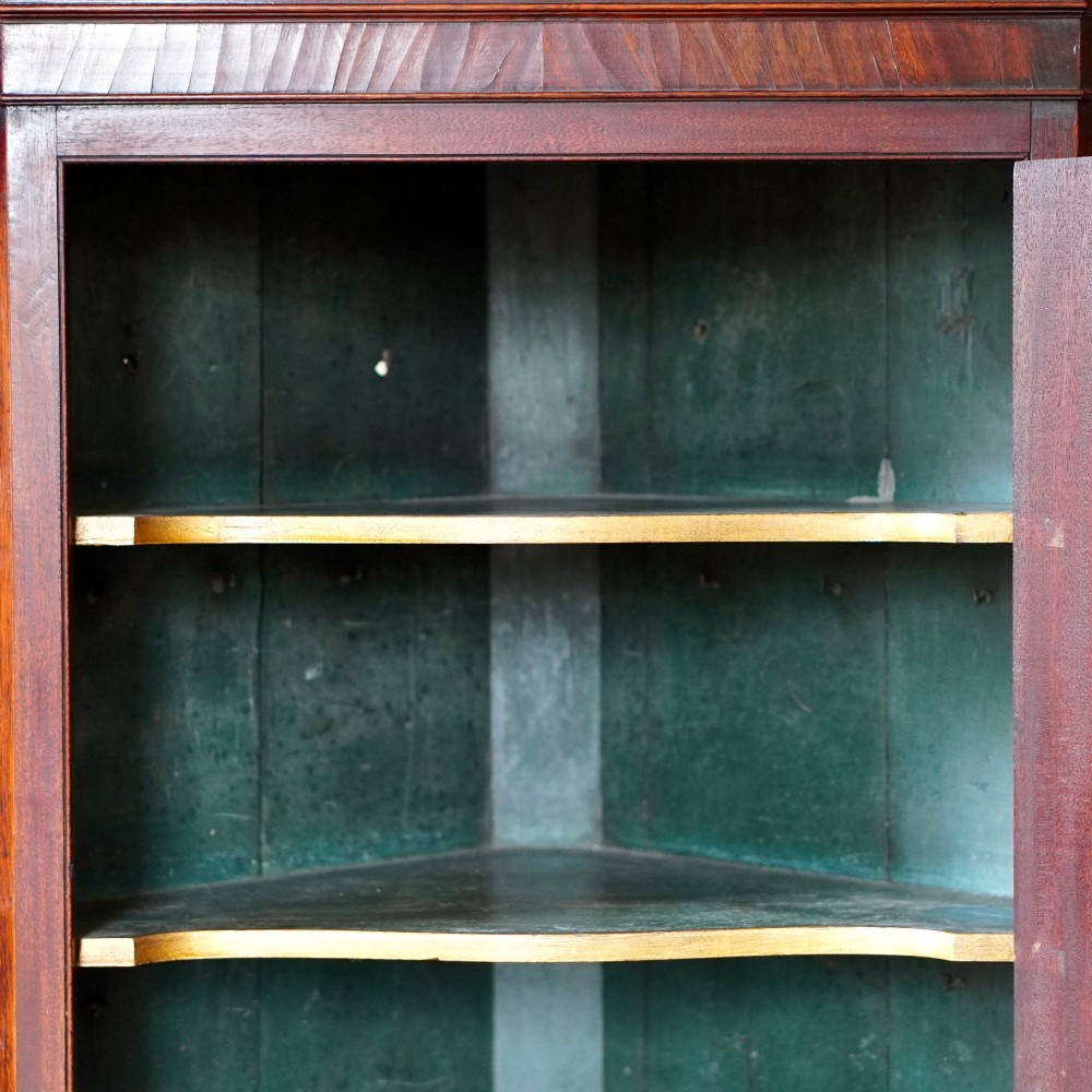 A Georgian dark mahogany hanging corner cupboard featuring a swan-neck pediment with brass paterae and a single panelled door with a brass escutcheon. View VIII