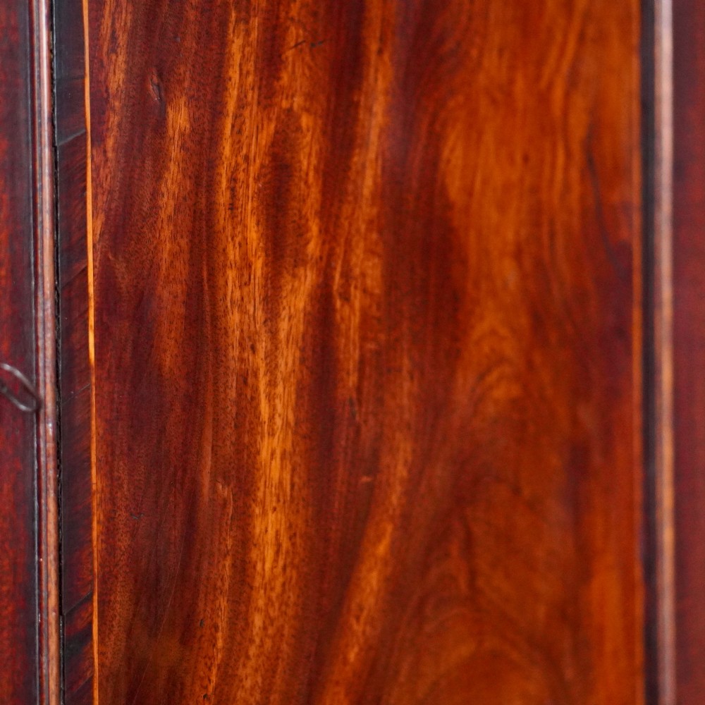 A Georgian dark mahogany hanging corner cupboard featuring a swan-neck pediment with brass paterae and a single panelled door with a brass escutcheon. View XIII