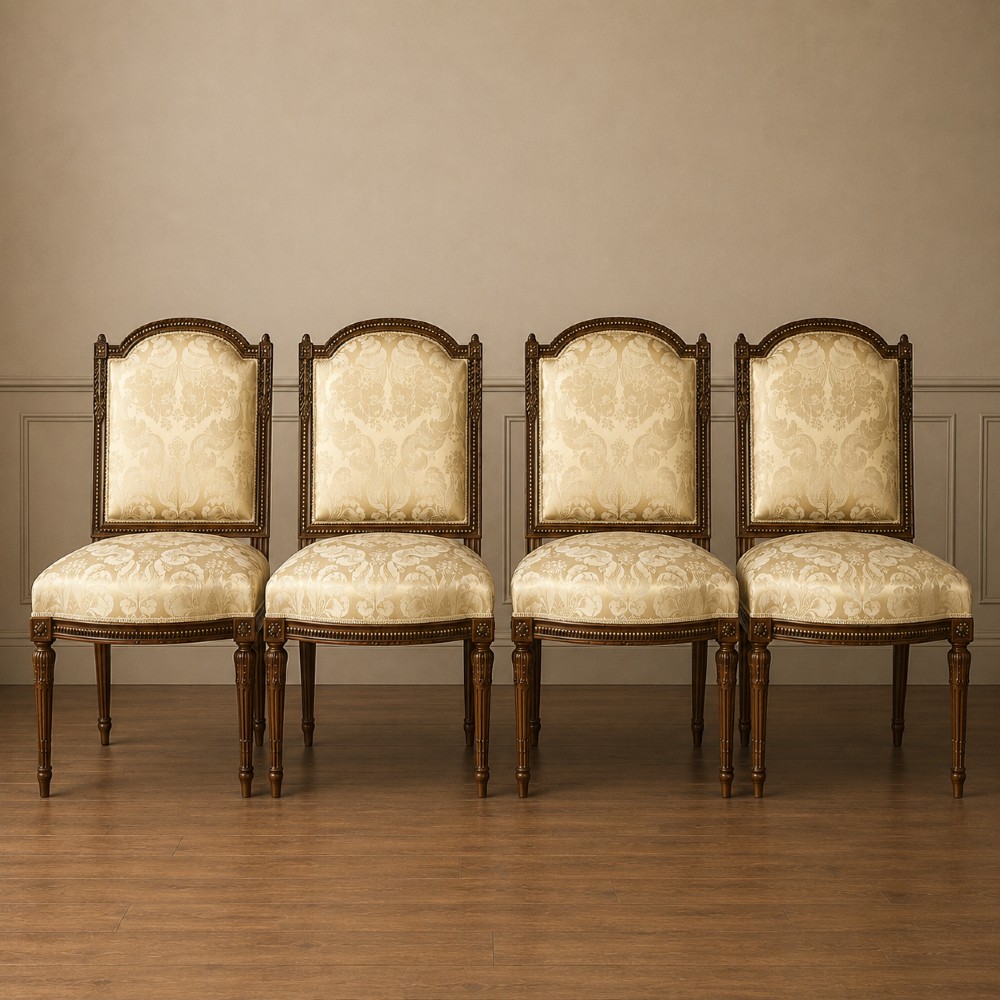 Set of four Louis XVI-style French walnut and parcel gilt side chairs