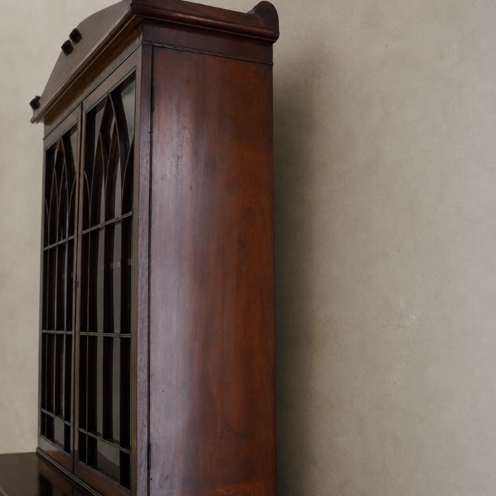 A nineteenth-century George IV mahogany secretaire bookcase with glazed upper doors featuring gothic tracery and a drop-down desk drawer revealing a fitted interior. View X