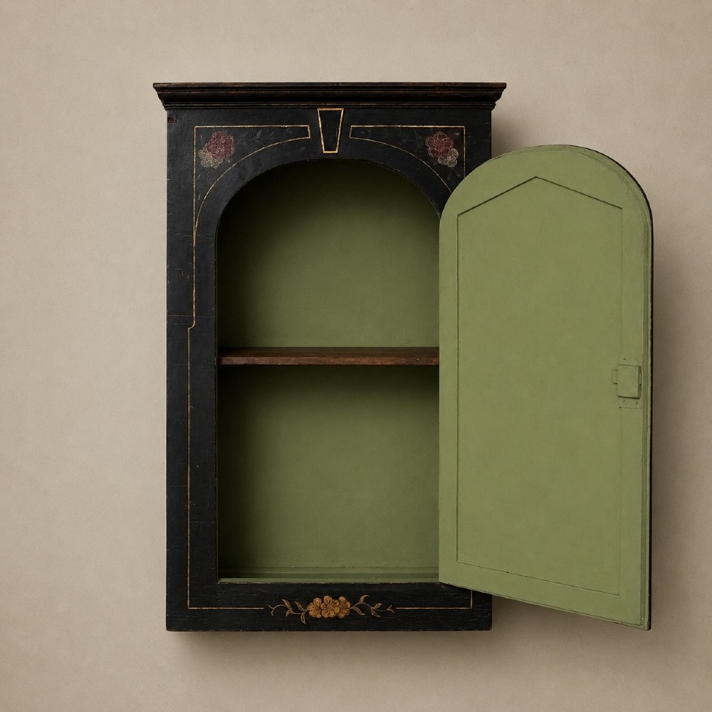 An ebonised black wooden wall cabinet featuring an arched door panel decorated with a hand-painted exotic bird amongst green foliage. View II
