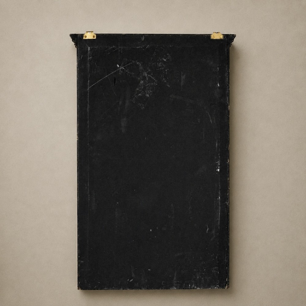 An ebonised black wooden wall cabinet featuring an arched door panel decorated with a hand-painted exotic bird amongst green foliage. View VII