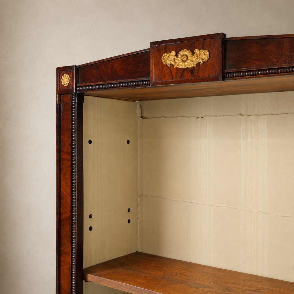A nineteenth-century French Empire style rosewood open bookcase featuring brass mounts and adjustable shelves above vertical dividers. View VI