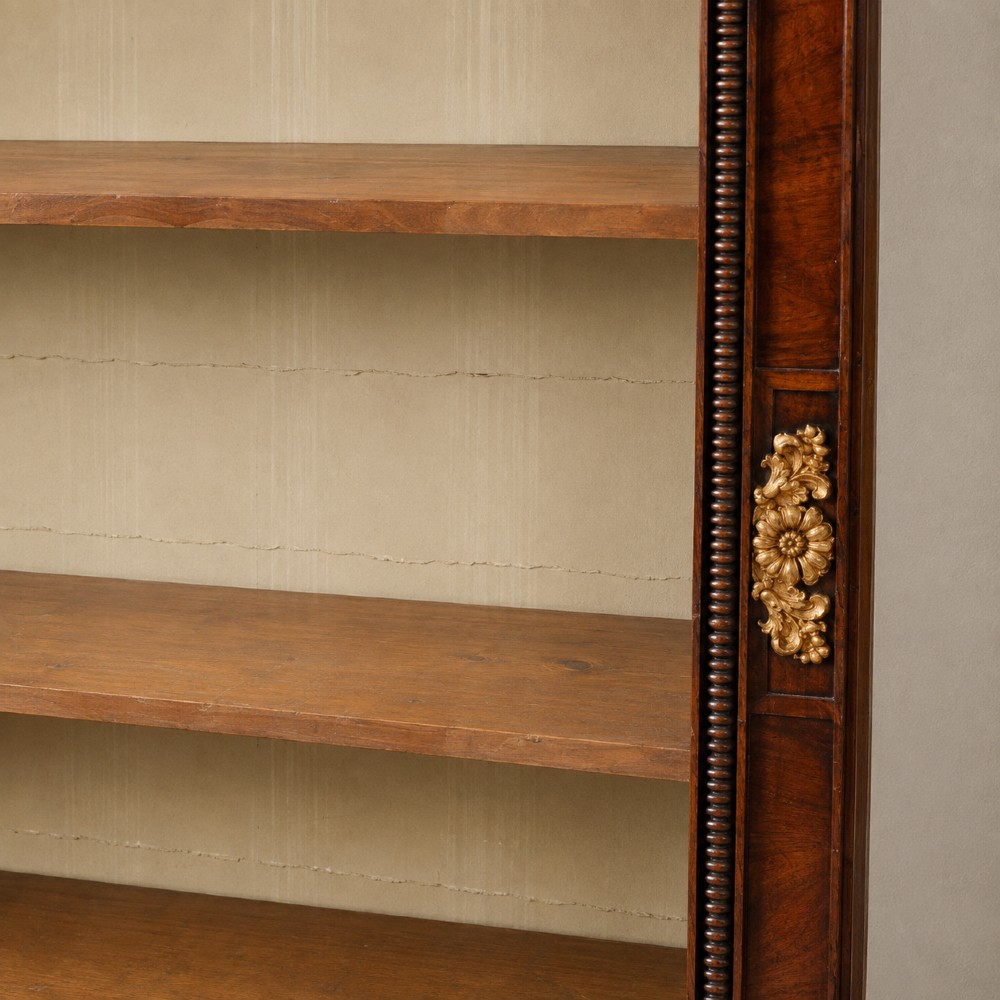 A nineteenth-century French Empire style rosewood open bookcase featuring brass mounts and adjustable shelves above vertical dividers. View VIII