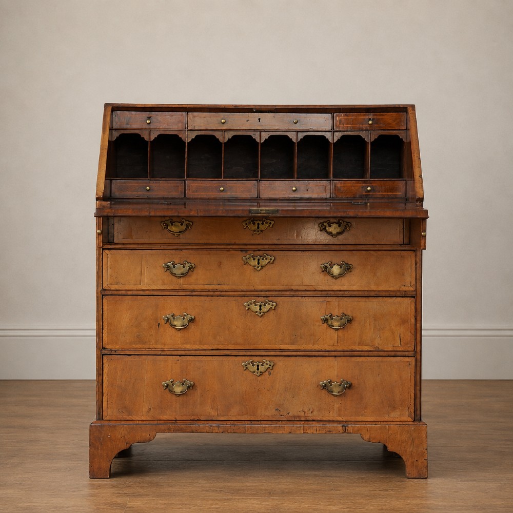 An Early Georgian walnut bureau featuring a sloping drop-front writing lid, four graduated drawers with brass drop handles, and bracket feet. View II