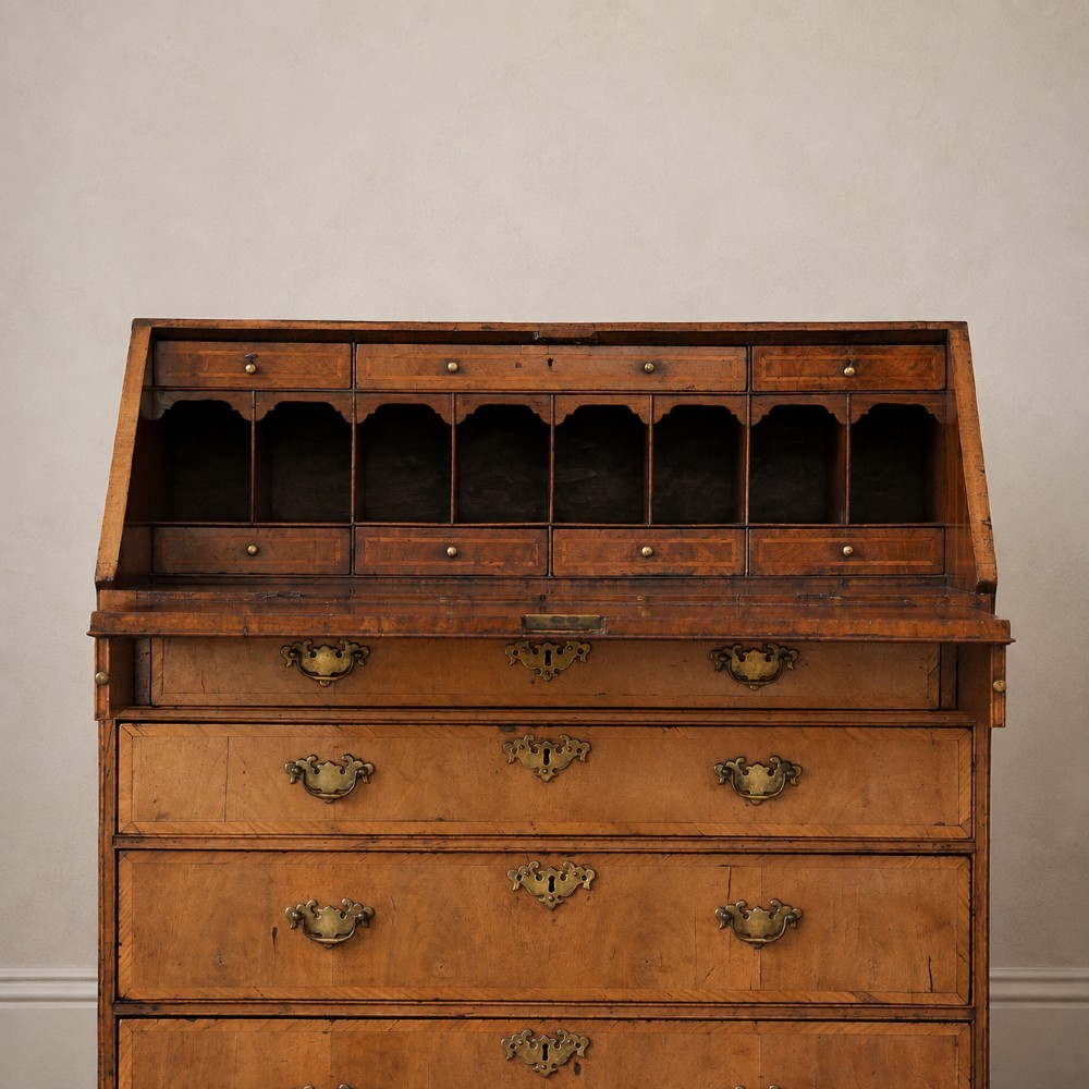 An Early Georgian walnut bureau featuring a sloping drop-front writing lid, four graduated drawers with brass drop handles, and bracket feet. View VIII