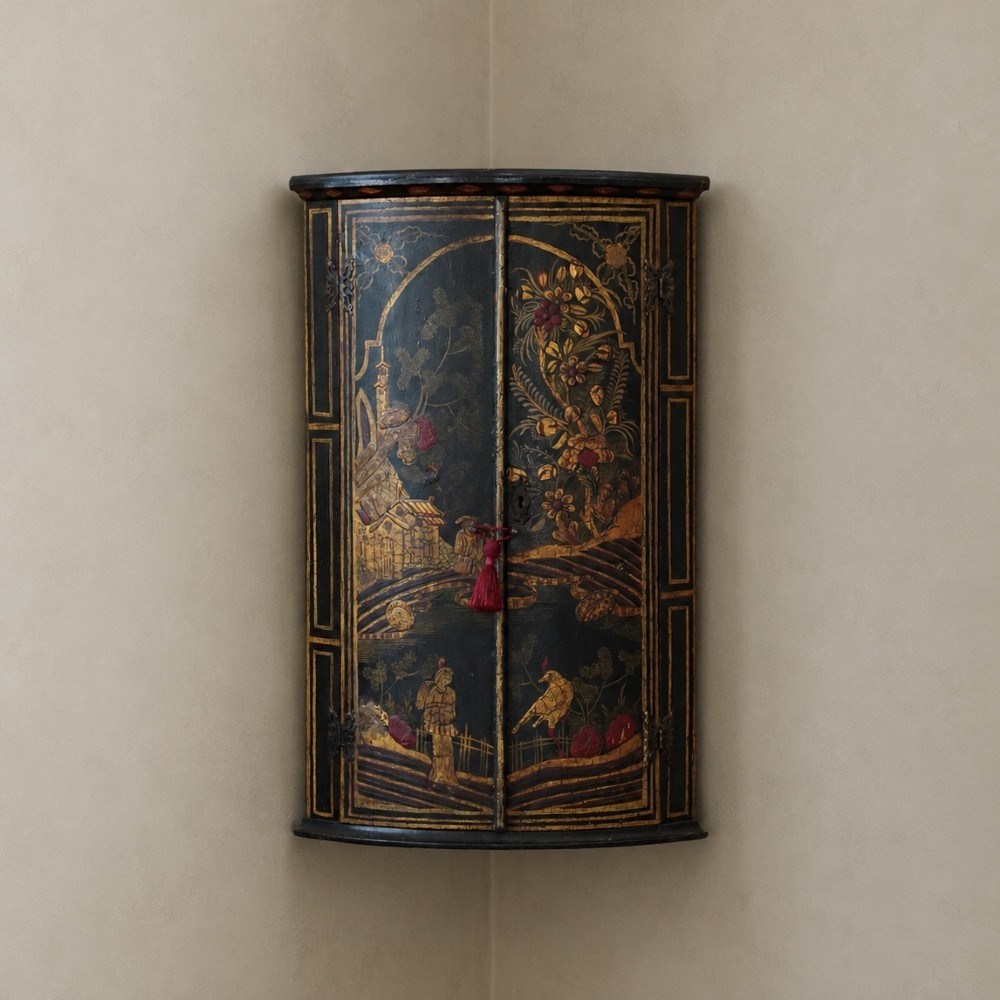 A nineteenth-century bow-front corner cupboard crafted in dark black lacquer with gold hand-painted chinoiserie figures and architectural scenes.
