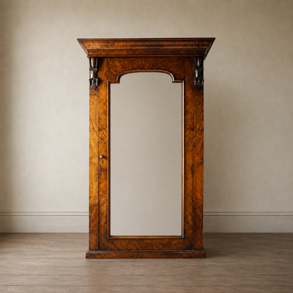 Victorian Figured Walnut Single Mirrored Wardrobe, c.1870