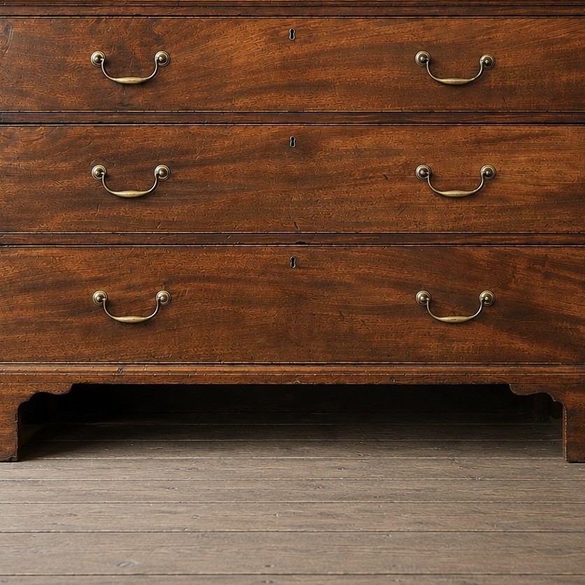 A large George III mahogany breakfront linen press wardrobe featuring central panelled doors above drawers, flanked by side cupboards on bracket feet. View XIII