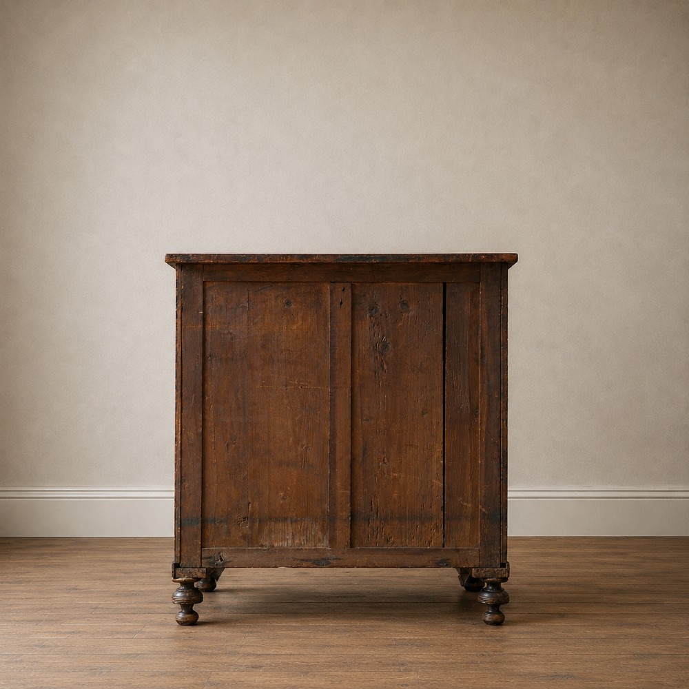 A Regency period side cabinet featuring simulated rosewood graining, gilt corner decorations, turned flanking columns, a top drawer, and two cupboard doors. View V