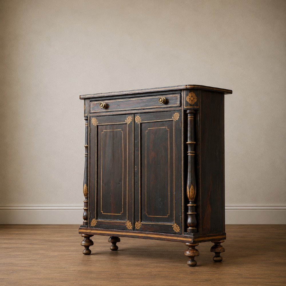 A Regency period side cabinet featuring simulated rosewood graining, gilt corner decorations, turned flanking columns, a top drawer, and two cupboard doors. View VII