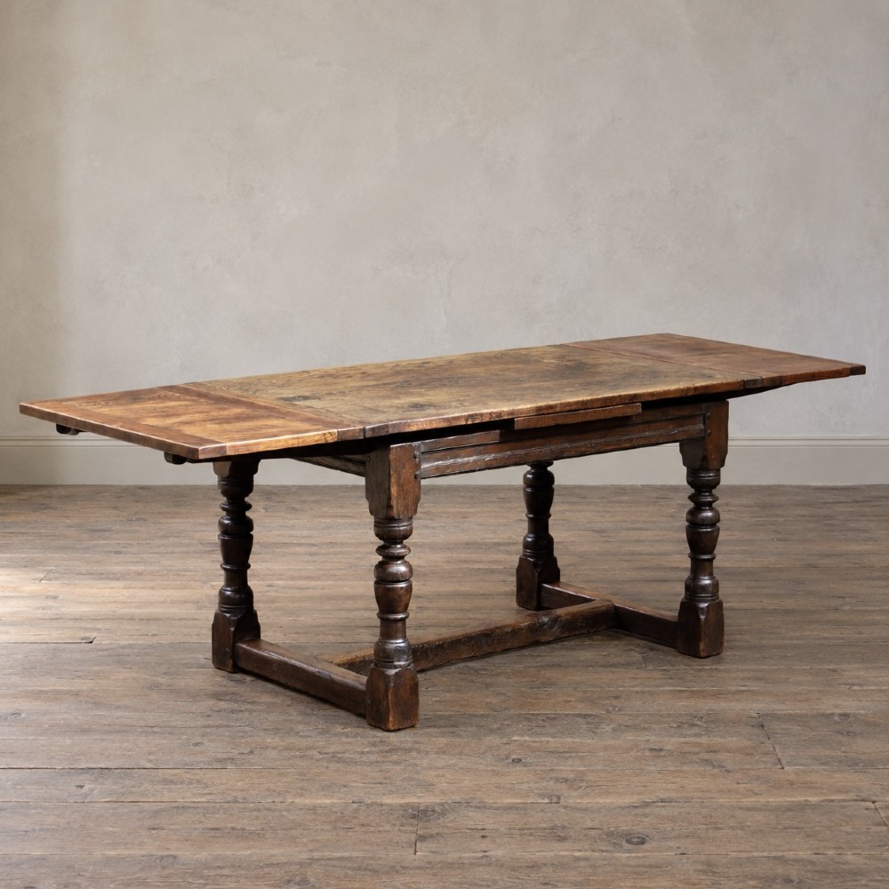 A 17th-century solid oak extending dining table featuring turned legs, lower stretcher rails, and two draw-out end leaves.