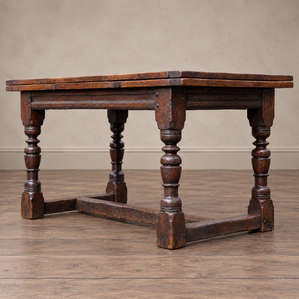 A 17th-century solid oak extending dining table featuring turned legs, lower stretcher rails, and two draw-out end leaves. View IV
