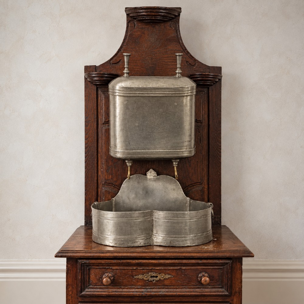 An 18th-century dark chestnut wood lavabo cabinet featuring a carved backboard mounted with a pewter cistern above a matching pewter basin. View IX