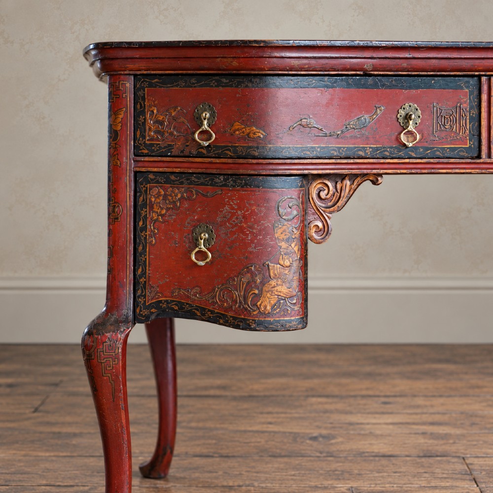 A late nineteenth-century kidney-shaped red lacquered Chinoiserie dressing table featuring four drawers, hand-painted oriental scenes, and cabriole legs. View V