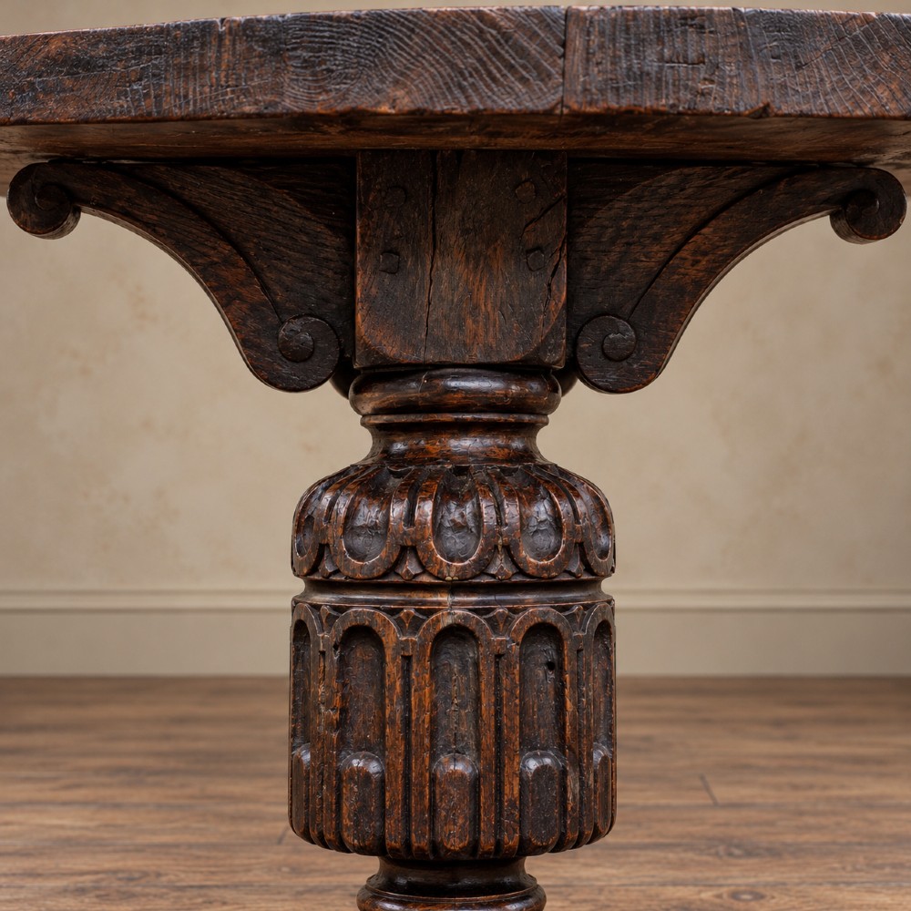 A 17th-century oak and elm refectory dining table featuring a solid single-plank top over thick carved bulbous pedestal supports and a low central stretcher rail. View III