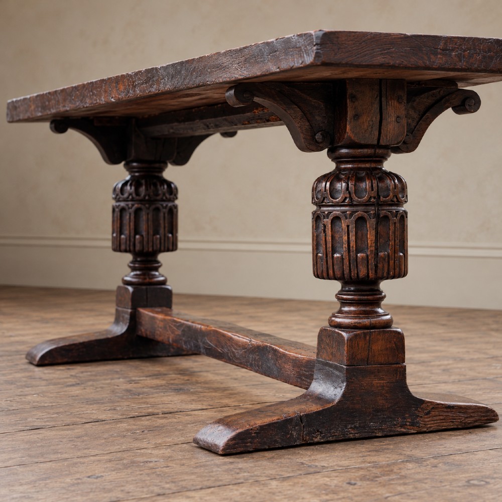 A 17th-century oak and elm refectory dining table featuring a solid single-plank top over thick carved bulbous pedestal supports and a low central stretcher rail. View V