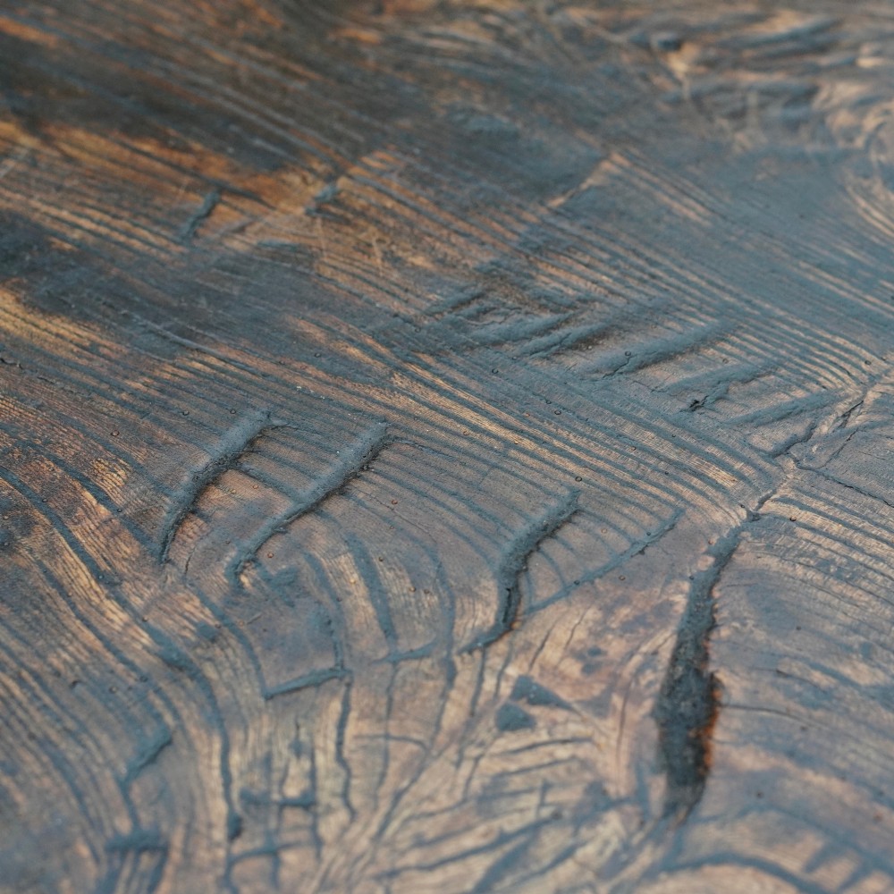 A 17th-century oak and elm refectory dining table featuring a solid single-plank top over thick carved bulbous pedestal supports and a low central stretcher rail. View XIII