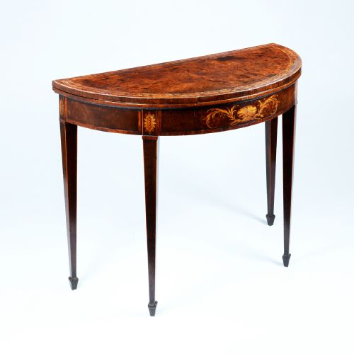 A FINE PAIR OF GEORGE III PERIOD MAHOGANY DEMILUNE CARD TABLES OF EXCELLENT COLOUR AND PATINA - ADDITIONAL PHOTO 2