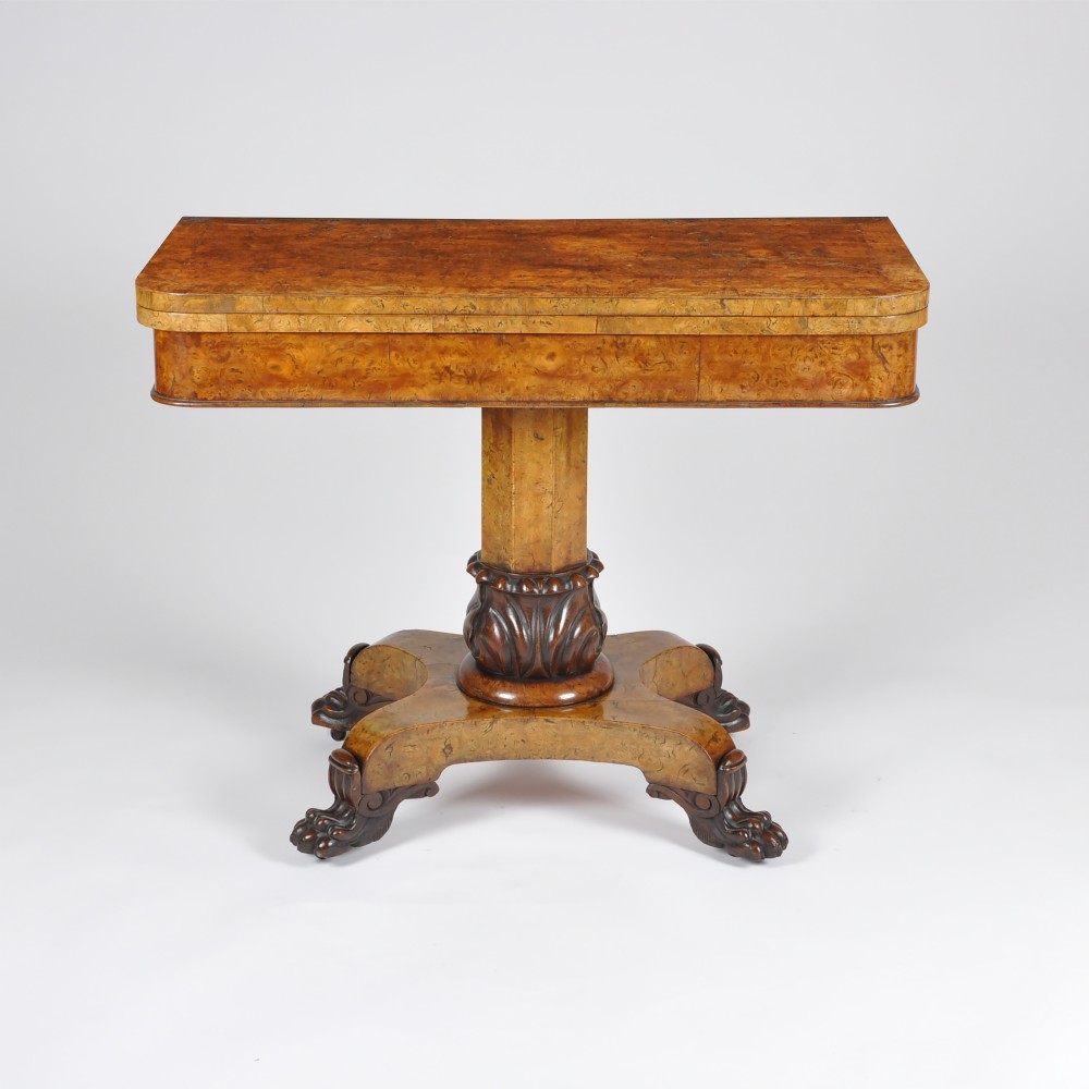 LATE REGENCY PERIOD BURR ELM AND OAK CROSS-BANDED CARD TABLE View II
