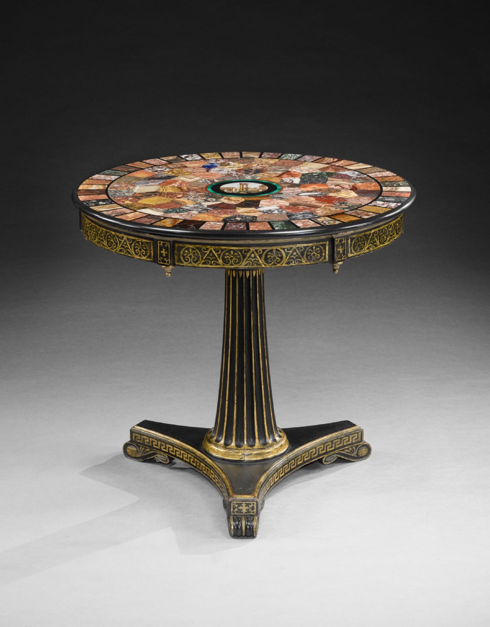 A REGENCY PERIOD GILT AND EBONISED CENTRE TABLE WITH A SPECIMEN MARBLE AND MICRO-MOSAIC TOP