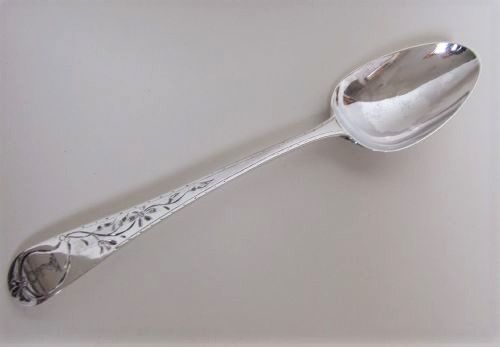 A Good 18th Century Bright Cut Silver Serving Spoon.