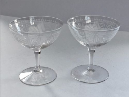 A Lovely Pair of Late Victorian Greek Key Etched Champagne Bowls.