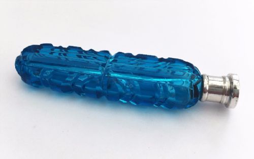 A Stunning Victorian Petrol Blue Cut Glass Perfume with Silver Lid