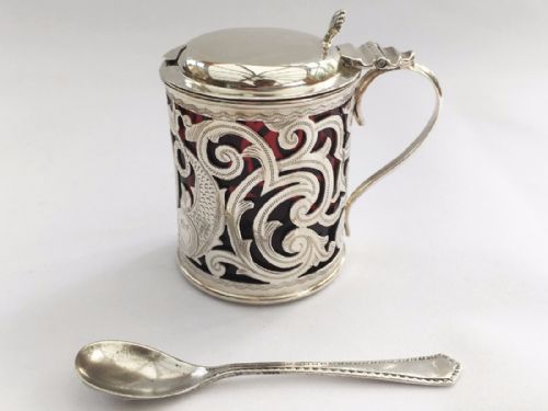 A Superb Edwardian Silver & Cranberry Mustard Pot with Spoon.