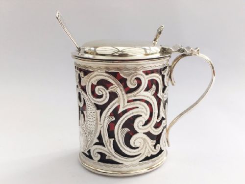 fig 1. A superb Edwardian silver & cranberry mustard pot with spoon.