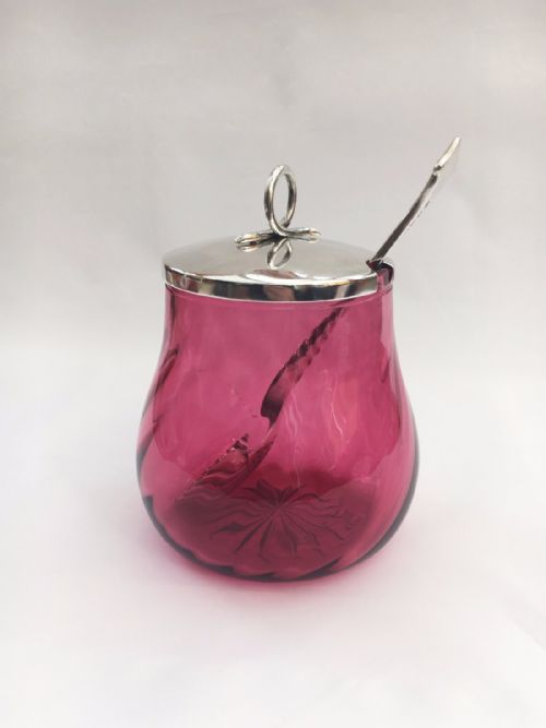 fig 1. A gorgeous Victorian silver lidded cranberry preserve jar.