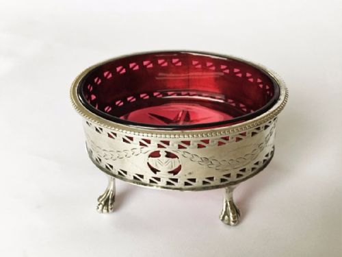 A Stunning Edwardian Silver and Cranberry Oval Condiment Dish.