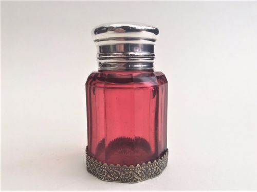 fig 1. A large silver mounted Victorian cranberry scent bottle.