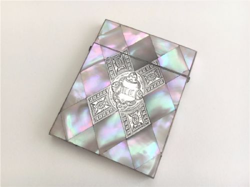 An Exquisite Victorian Mother of Pearl Card Case with Silver Inlay.