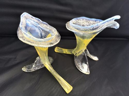 A Pair of Victorian Vaseline Glass Cornucopia Vases.