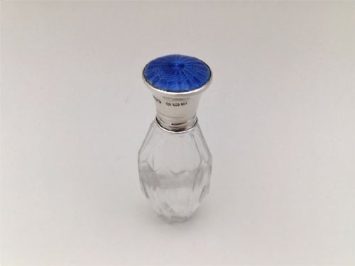 A Silver and China Blue Guilloche Enamel Scent Bottle.