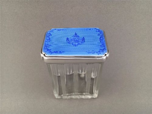 A Stunning Silver and Guilloche Enamel Dressing Table Jar.