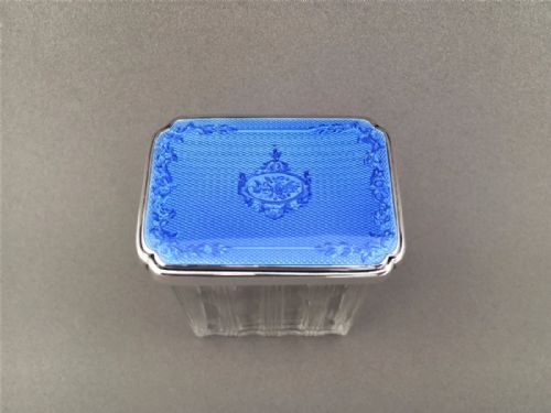 fig 1. A Stunning Silver and Guilloche enamel dressing table jar.