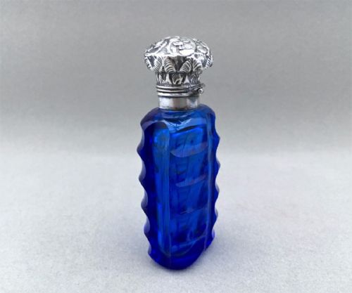fig 1. A Stunning Victorian Sapphire blue silver mounted scent bottle.