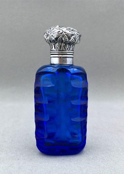 A Stunning Victorian Sapphire Blue Silver Mounted Scent Bottle.