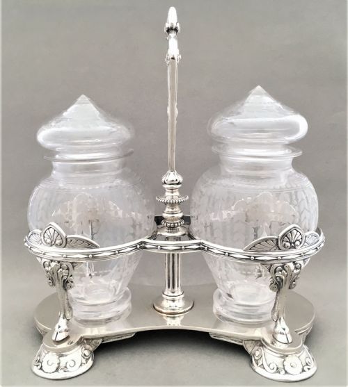 An Exquisite Victorian Elkington Silver Plated Preserve Jar Stand with Etched Jars