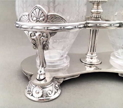 fig 1. An exquisite Victorian Elkington silver plated preserve jar stand with etched jars
