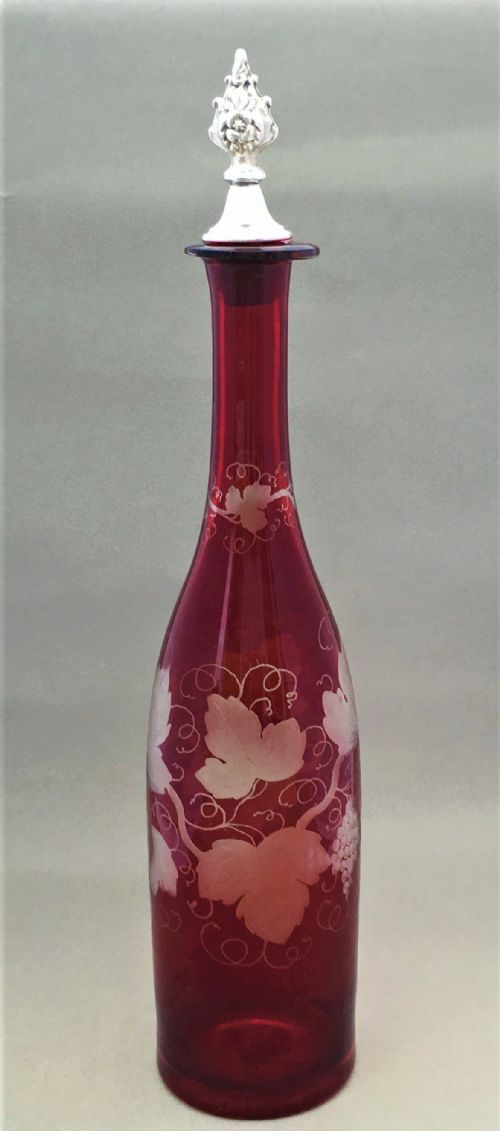 A Charming Victorian Fruiting Vine Etched Decanter with Silver Plated Stopper