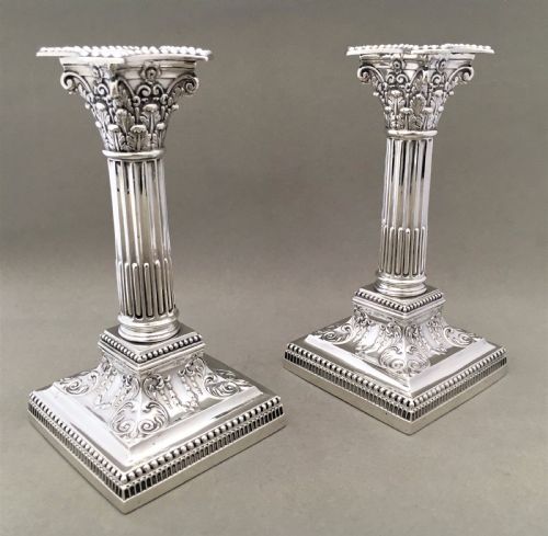 A Fabulous Pair of Edwardian Silver Corinthian Column Candlesticks